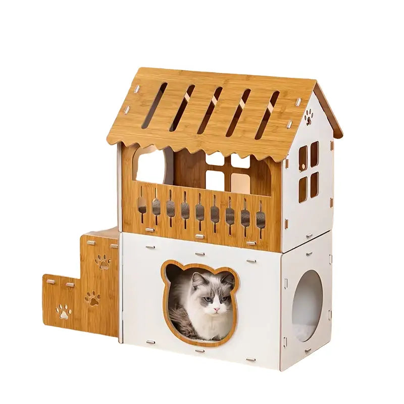 Villa-Style Cat Scratcher Cardboard House - Plaid Pattern-0