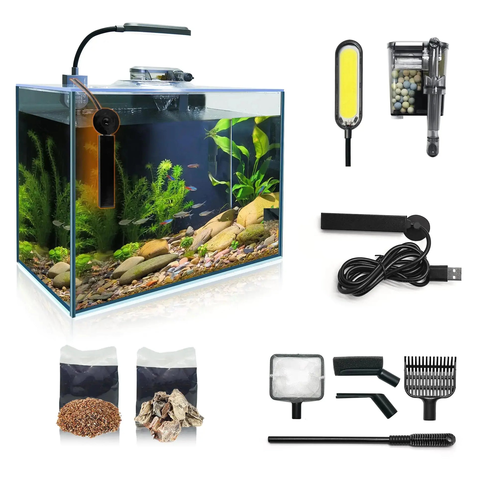 3 Gallon Betta Fish Tank Small Aquarium Starter Kit with Heater Self Cleaning System Efficiency Filter Bright Light Rocks Gravel Cleaning Tool Set HD Float Complete Glass Leak-Proof Gift Present Zooko