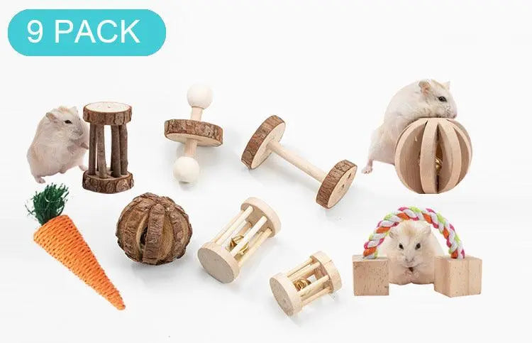Natural Wood Pet Toy Set: Interactive Playtime Fun For Hamsters, Rabbits, Guinea Pigs, Parrots, Cats, And Dogs-2