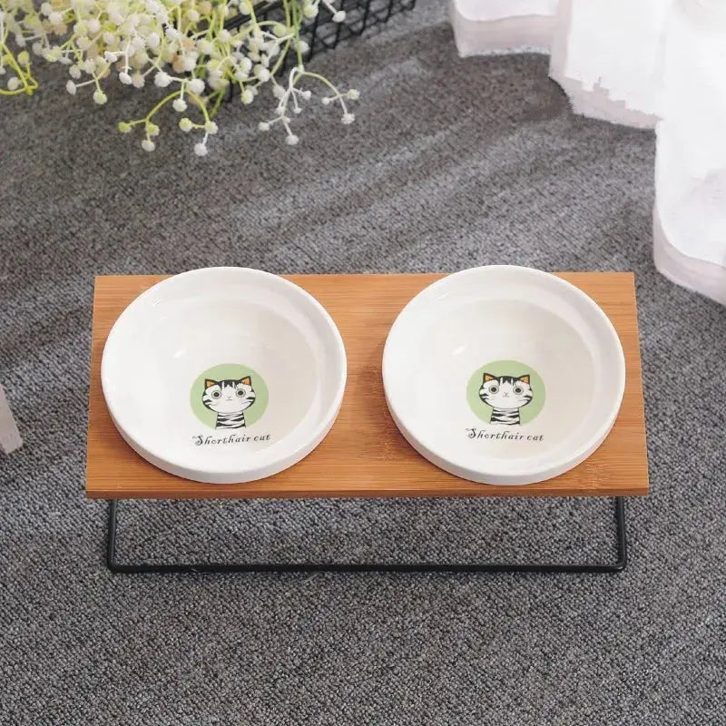 Cute Cat Bowl High-End Pet Bowl Bamboo Shelf Ceramic Feeding and Drinking Bowls for Dogs and Cats Pet Feeder Dog Double Bowls Zooko