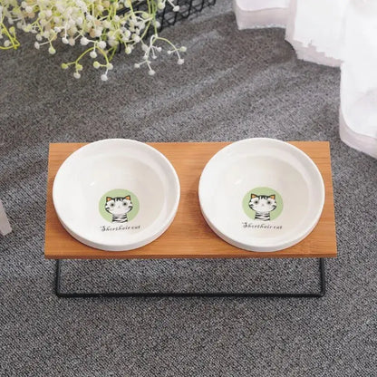 Cute Cat Bowl High-End Pet Bowl Bamboo Shelf Ceramic Feeding and Drinking Bowls for Dogs and Cats Pet Feeder Dog Double Bowls Zooko