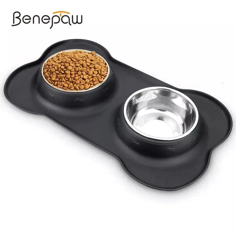 Benepaw Antislip Double Dog Bowl With Silicone Mat Durable Stainless Steel No Spill Pet Feeding Bowl Drinking Water Food Feeder Zooko