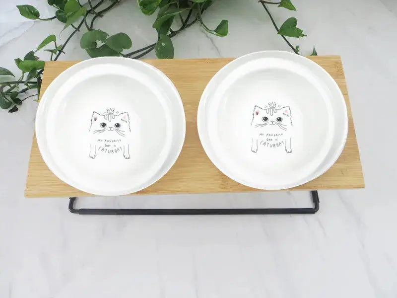 Cute Cat Bowl High-End Pet Bowl Bamboo Shelf Ceramic Feeding and Drinking Bowls for Dogs and Cats Pet Feeder Dog Double Bowls Zooko