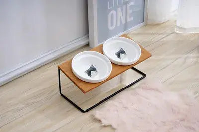 Cute Cat Bowl High-End Pet Bowl Bamboo Shelf Ceramic Feeding and Drinking Bowls for Dogs and Cats Pet Feeder Dog Double Bowls Zooko