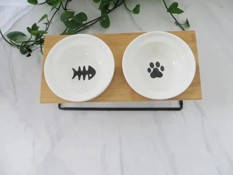 Cute Cat Bowl High-End Pet Bowl Bamboo Shelf Ceramic Feeding and Drinking Bowls for Dogs and Cats Pet Feeder Dog Double Bowls Zooko