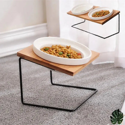 Cute Cat Bowl High-End Pet Bowl Bamboo Shelf Ceramic Feeding and Drinking Bowls for Dogs and Cats Pet Feeder Dog Double Bowls Zooko