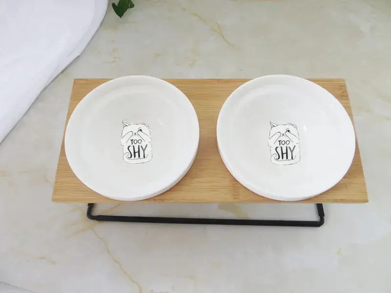 Cute Cat Bowl High-End Pet Bowl Bamboo Shelf Ceramic Feeding and Drinking Bowls for Dogs and Cats Pet Feeder Dog Double Bowls Zooko