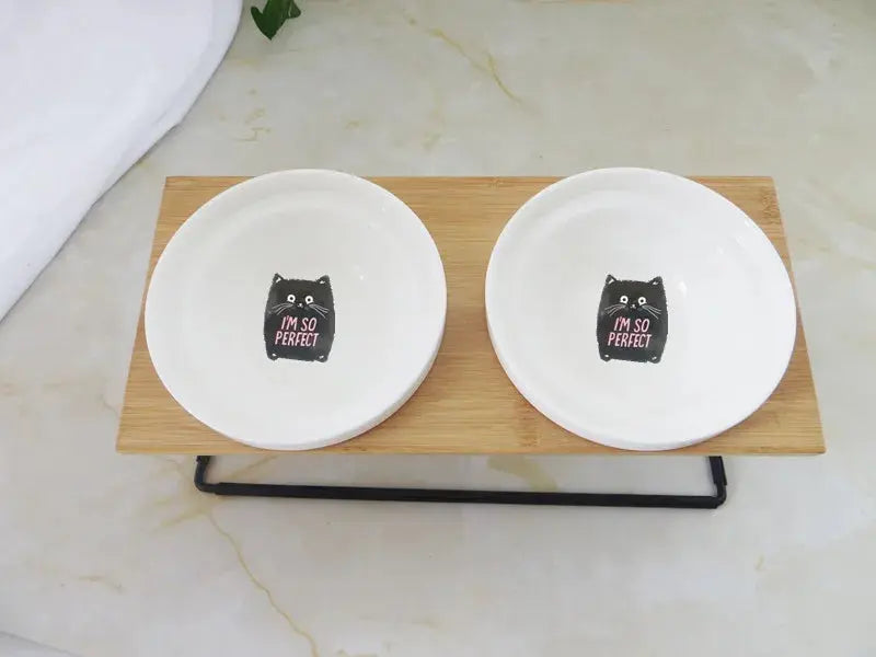 Cute Cat Bowl High-End Pet Bowl Bamboo Shelf Ceramic Feeding and Drinking Bowls for Dogs and Cats Pet Feeder Dog Double Bowls Zooko