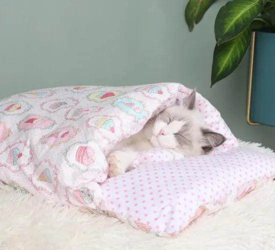 Japanese Cat Bed Warm Cat Sleeping Bag Deep Sleep Cave Winter Removable Pet House Bed for Cats Dogs Nest Cushion with Pillow-6