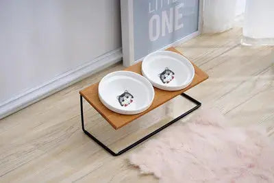 Cute Cat Bowl High-End Pet Bowl Bamboo Shelf Ceramic Feeding and Drinking Bowls for Dogs and Cats Pet Feeder Dog Double Bowls Zooko
