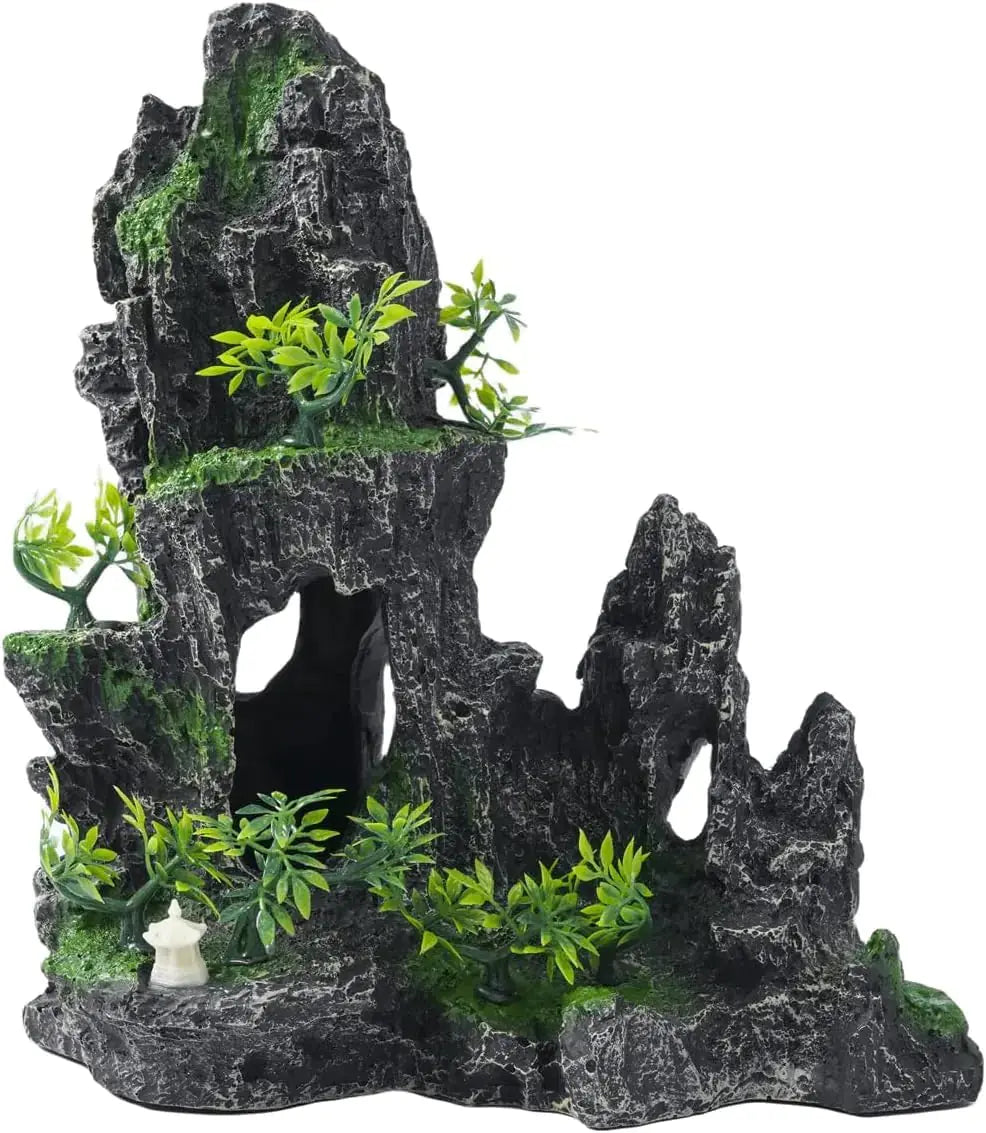 MC MEICHUANG Aquarium Decorations Large Mountain View Stone Rock Cave Resin Betta Shrimp Hideout Ornaments with Small Plants Fish Tank Decorations Zooko