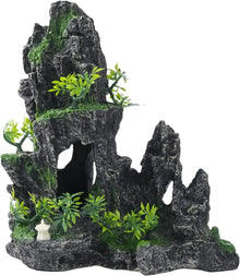 MC MEICHUANG Aquarium Decorations Large Mountain View Stone Rock Cave Resin Betta Shrimp Hideout Ornaments with Small Plants Fish Tank Decorations Zooko