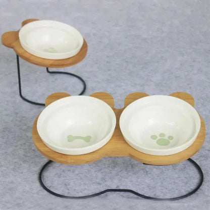 New High-End Pet Bowl Bamboo Shelf Ceramic Feeding and Drinking Bowls for Dogs and Cats Pet Feeder Accessories Zooko