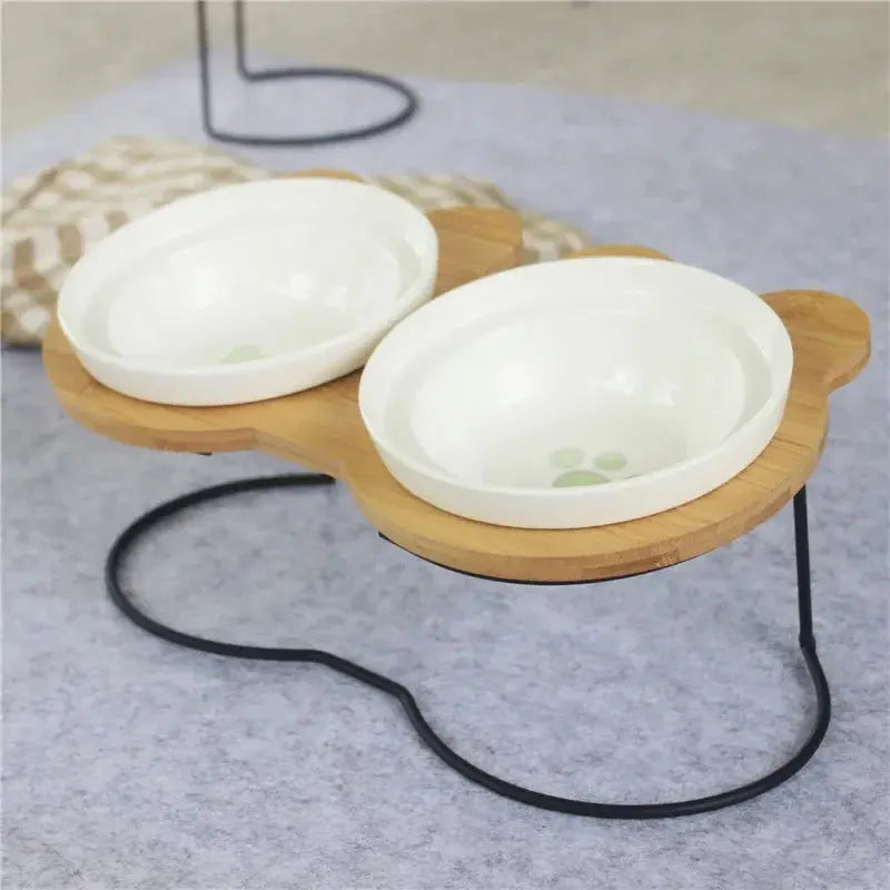 New High-End Pet Bowl Bamboo Shelf Ceramic Feeding and Drinking Bowls for Dogs and Cats Pet Feeder Accessories Zooko