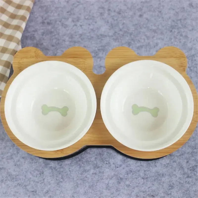 New High-End Pet Bowl Bamboo Shelf Ceramic Feeding and Drinking Bowls for Dogs and Cats Pet Feeder Accessories Zooko