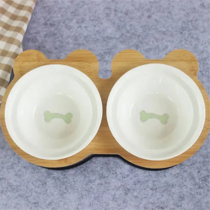 New High-End Pet Bowl Bamboo Shelf Ceramic Feeding and Drinking Bowls for Dogs and Cats Pet Feeder Accessories Zooko