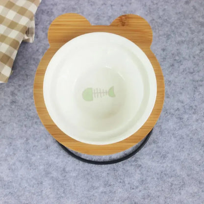 New High-End Pet Bowl Bamboo Shelf Ceramic Feeding and Drinking Bowls for Dogs and Cats Pet Feeder Accessories Zooko