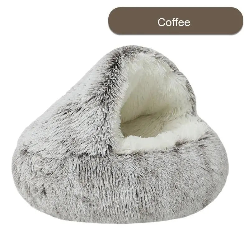NNEDSZ Cozy Coffee Plush Hooded Pet Bed - Ultra Soft Long Fur Cave Bed for Small Pets 40cm-0