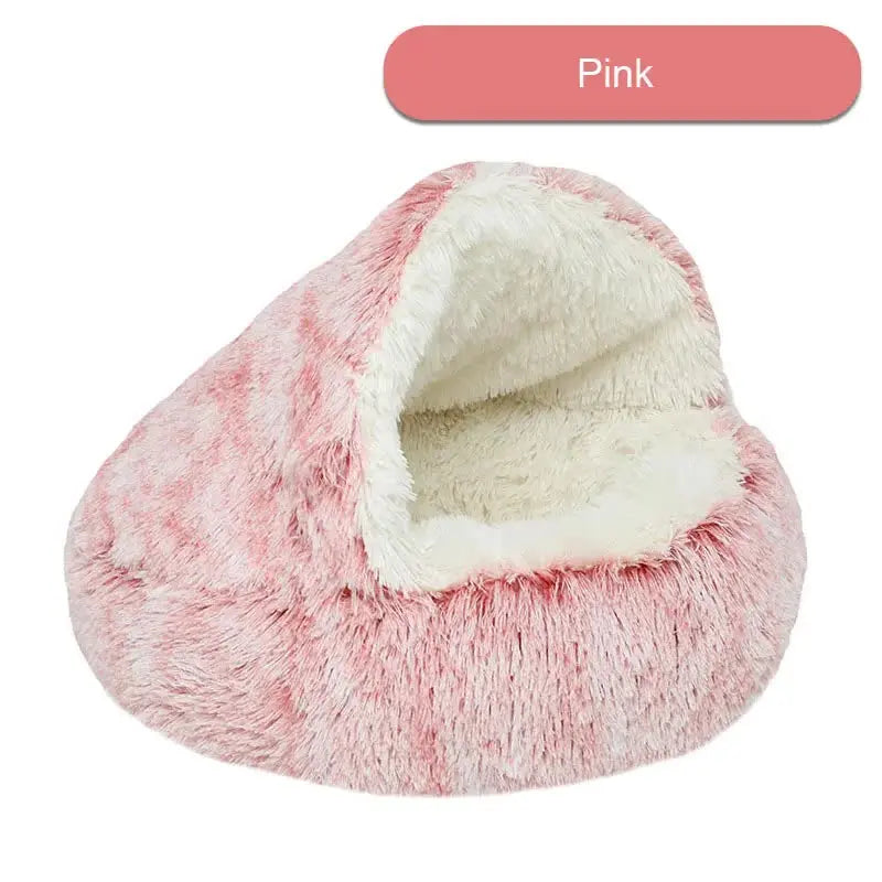 NNEDSZ Cozy Pink Plush Hooded Pet Bed - Ultra Soft Long Fur Cave Bed for Small Pets 40cm-0