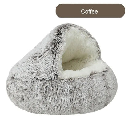 NNEDSZ Cozy Coffee Plush Hooded Pet Bed - Ultra Soft Long Fur Cave Bed for Small Pets 50cm-0