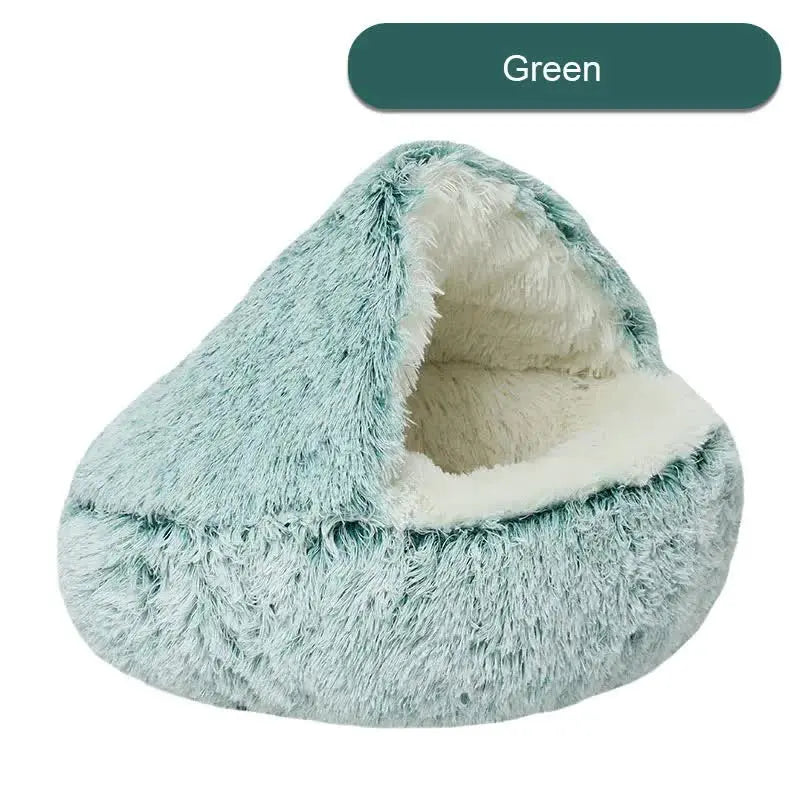 NNEDSZ Cozy Green Plush Hooded Pet Bed - Ultra Soft Long Fur Cave Bed for Small Pets 50cm-0
