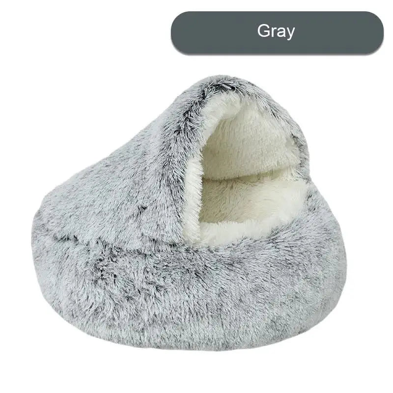 NNEDSZ Cozy Gray Plush Hooded Pet Bed - Ultra Soft Long Fur Cave Bed for Small Pets 50cm-0