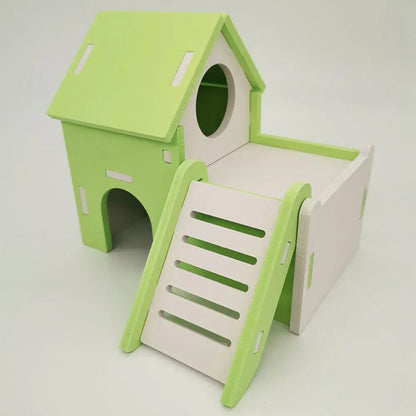 Colorful Double-Storey Hamster Sleeping Nest: A Stylish Wooden Villa Toy For Small Pets-7