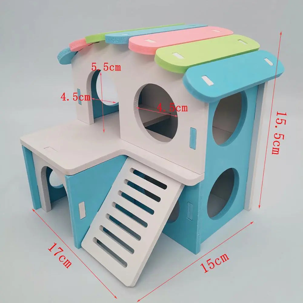 Colorful Double-Storey Hamster Sleeping Nest: A Stylish Wooden Villa Toy For Small Pets-12