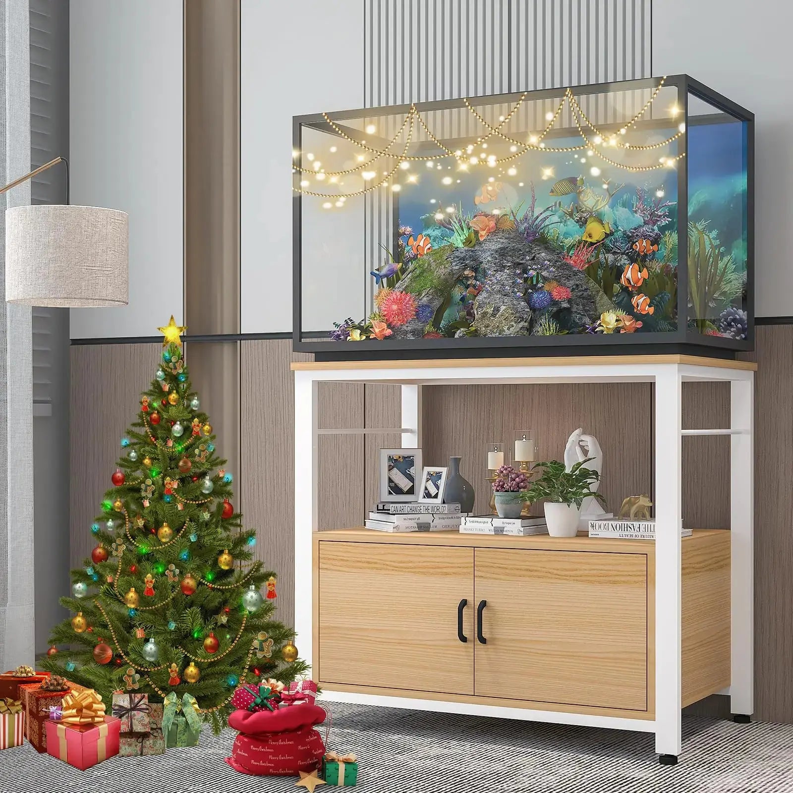 Fish Tank Stand Metal Aquarium Stand with Cabinet Accessories Storage 40-50 Gallon Double Layer Metal with Storage Weight Capacity 760lbs White Walnut Brown Zooko