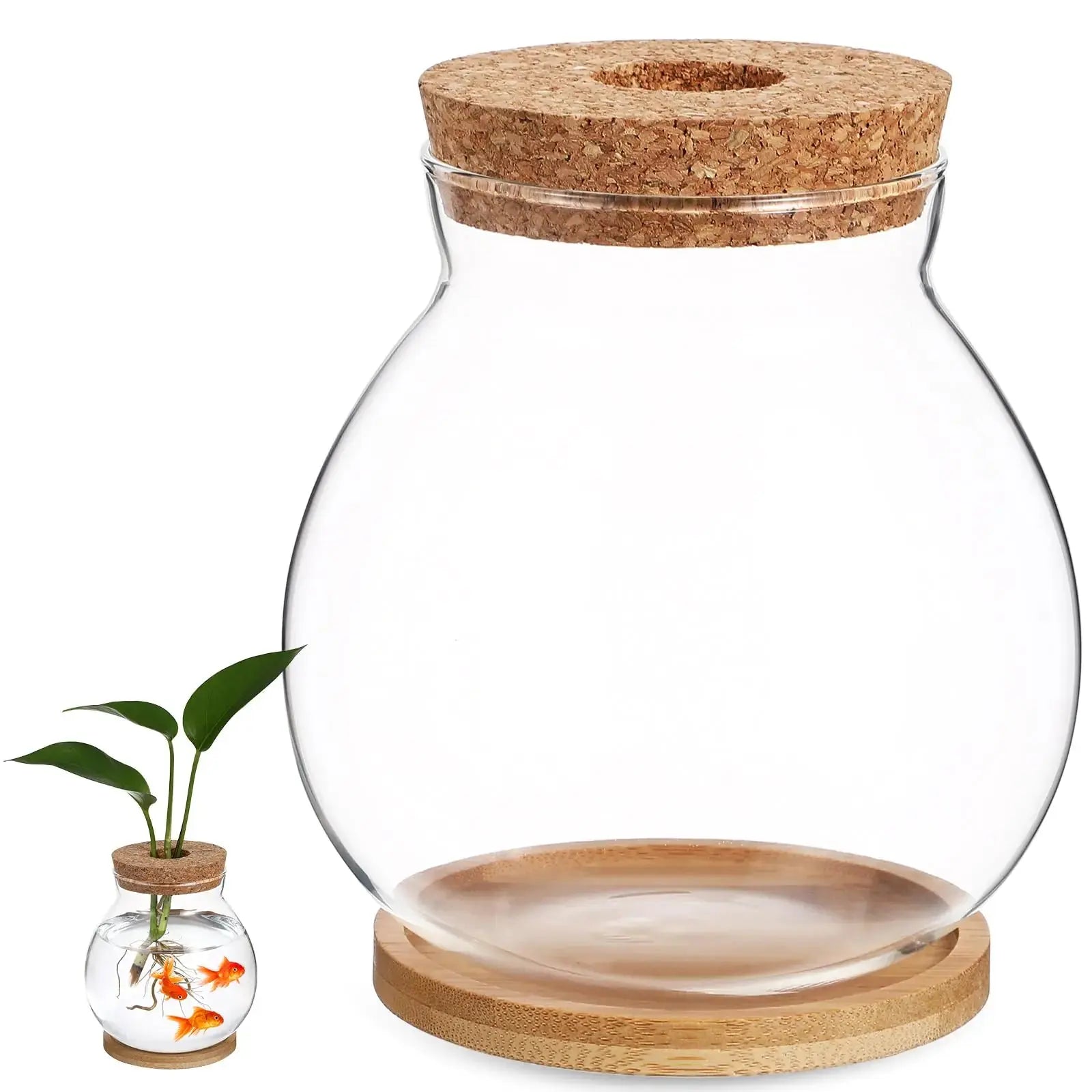 Clear Desktop Fish Bowl with Lid Small Glass Table Fish Tank with Wood lid Betta Aquarium Plant Terrarium Vase for Home Office Decoration Coffee Zooko