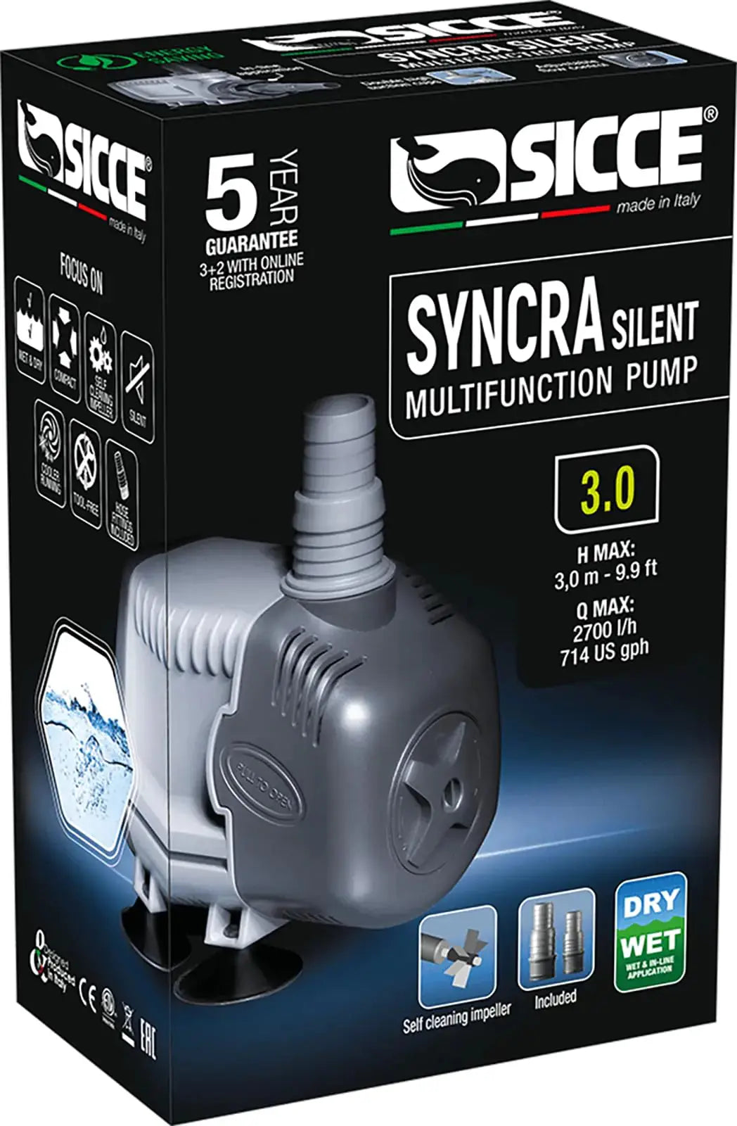 SICCE Syncra Silent 3.0 Multifunction 714 GPH Submersible Water Pump | Italian Made 48W Ultra Quiet Durable Aquarium Fish Tank Fountain Pond Hydroponics Terrarium Black | Freshwater & Saltwater Zooko